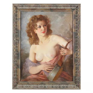 Maria Szantho (Hungarian, 1897-1998), Woman Playing a String Instrument: Maria Szantho (Hungarian, 1897-1998), Woman Playing a String Instrumentoil on canvas, signed at upper right, stamped en verso, presented in a contemporary molded frame. Stretcher size 31 x 24 in.; Fra