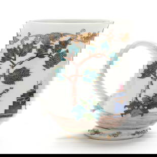 A Chinese Export Porcelain Valentine Pattern Mug: A Chinese Export Porcelain Valentine Pattern Mugcirca 1750, porcelain hand painted with the "Valentine" pattern, surface decorated with a pair of billing doves atop Cupid's quiver beside the Altar of