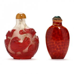 Two Chinese Glass Snuff Bottles: Two Chinese Glass Snuff Bottles includes a Peking glass snuff bottle with clear milky glass under red carved birds, gold color cap (3 in.) (broken and repaired; spoon broken in half, with loose half r