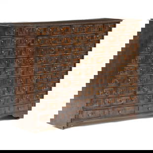 A Korean Medicine Apothecary Chest Yak Jang: A Korean Medicine Apothecary Chest Yak Jang Joseon period (1392-1910), 19th century, yak jang 약장 with 72 small divided drawers having two sections and simple metal circle pulls to front, ov