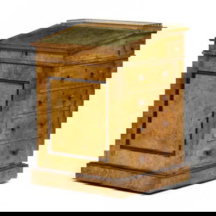 Edwardian English Burl Veneer Davenport: Edwardian English Burl Veneer Davenportlate 19th century, high grade burl and book-matched veneers, applied pierced brass upper gallery, green leather writing surface on the hinged lid opening to reve