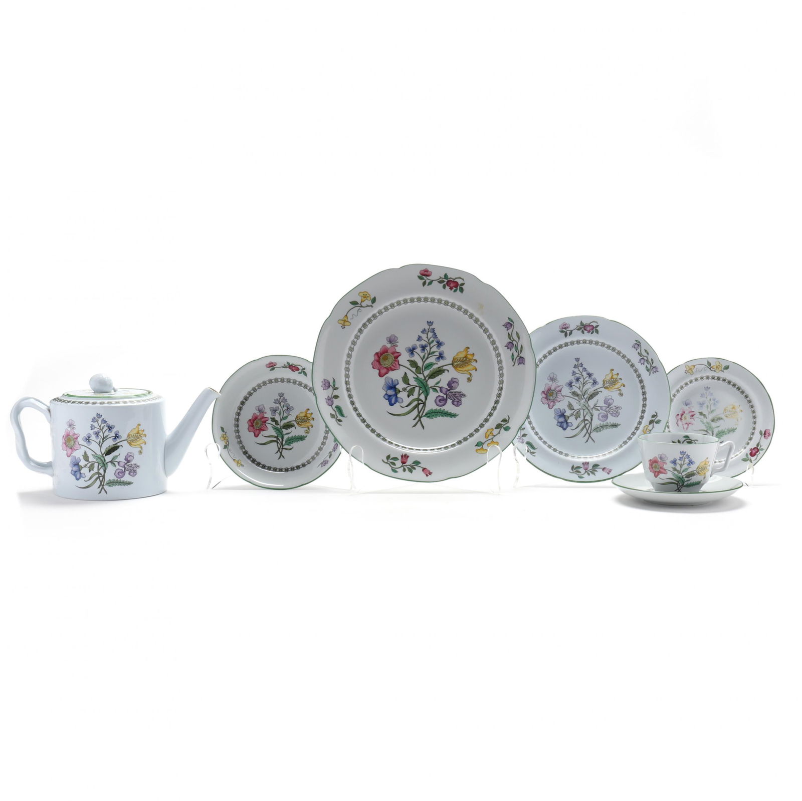 Spode Summer Palace Tea and Dinnerware Service, (43) Pieces: Spode Summer Palace Tea and Dinnerware Service, (43) Piecesmade in England, fine stone service, includes (8) dinner plates (10 3/8 in.); (10) salad plates (8 in.); (6) coupe cereal bowls (6 1/4 in.);