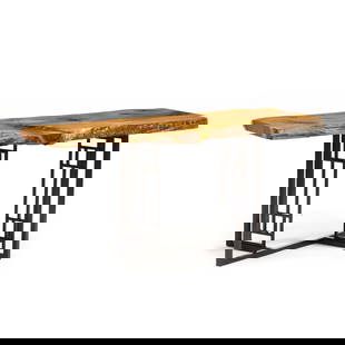 Contemporary Live-Edge Console Table: Contemporary Live-Edge Console Tablecedar slab top mounted to a black painted metal base in the prairie style, unmarked. 26 x 56.5 x 22.75 in. Additional high-resolution photos are available at www.l