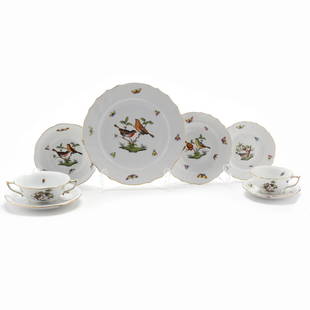 Herend Rothschild Bird Dinner Service for Twelve: Herend Rothschild Bird Dinner Service for Twelve(100) pieces to include: (12) dinner plates (10 1/4 in.), (12) salad plates (7 3/8 in.), (12) bread & butter plates, (14) bowls (6 1/2 in. dia.), (13) c