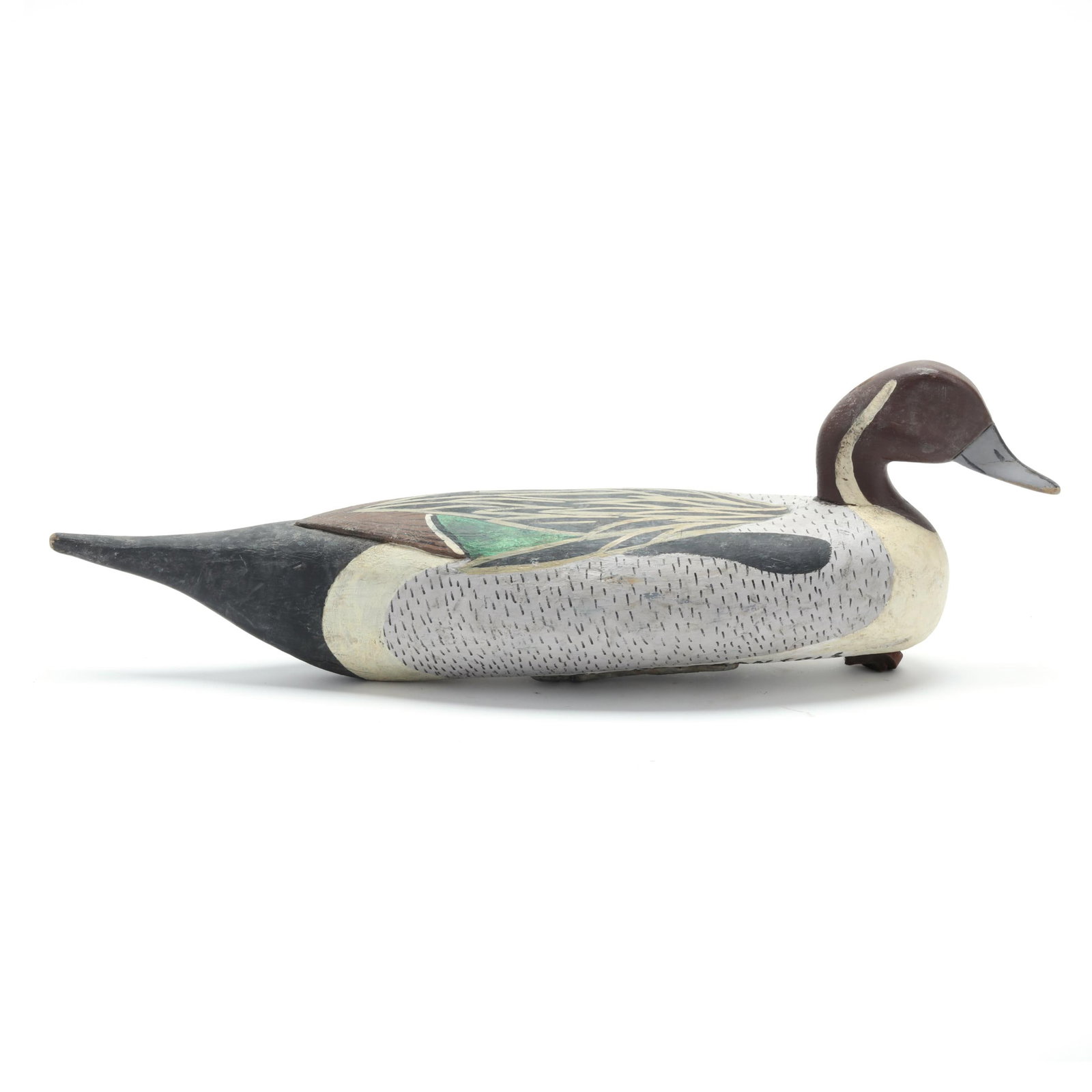 Pierre Fransois (LA), Pintail: Pierre Fransois (LA), Pintail New Orleans, Louisiana, carved and painted wood, circa 1940, raised wing tips, in paint signed PIERRE FRANSOIS NEW ORLEANS. Length 21.25 in. A long sleek sprig tail with 