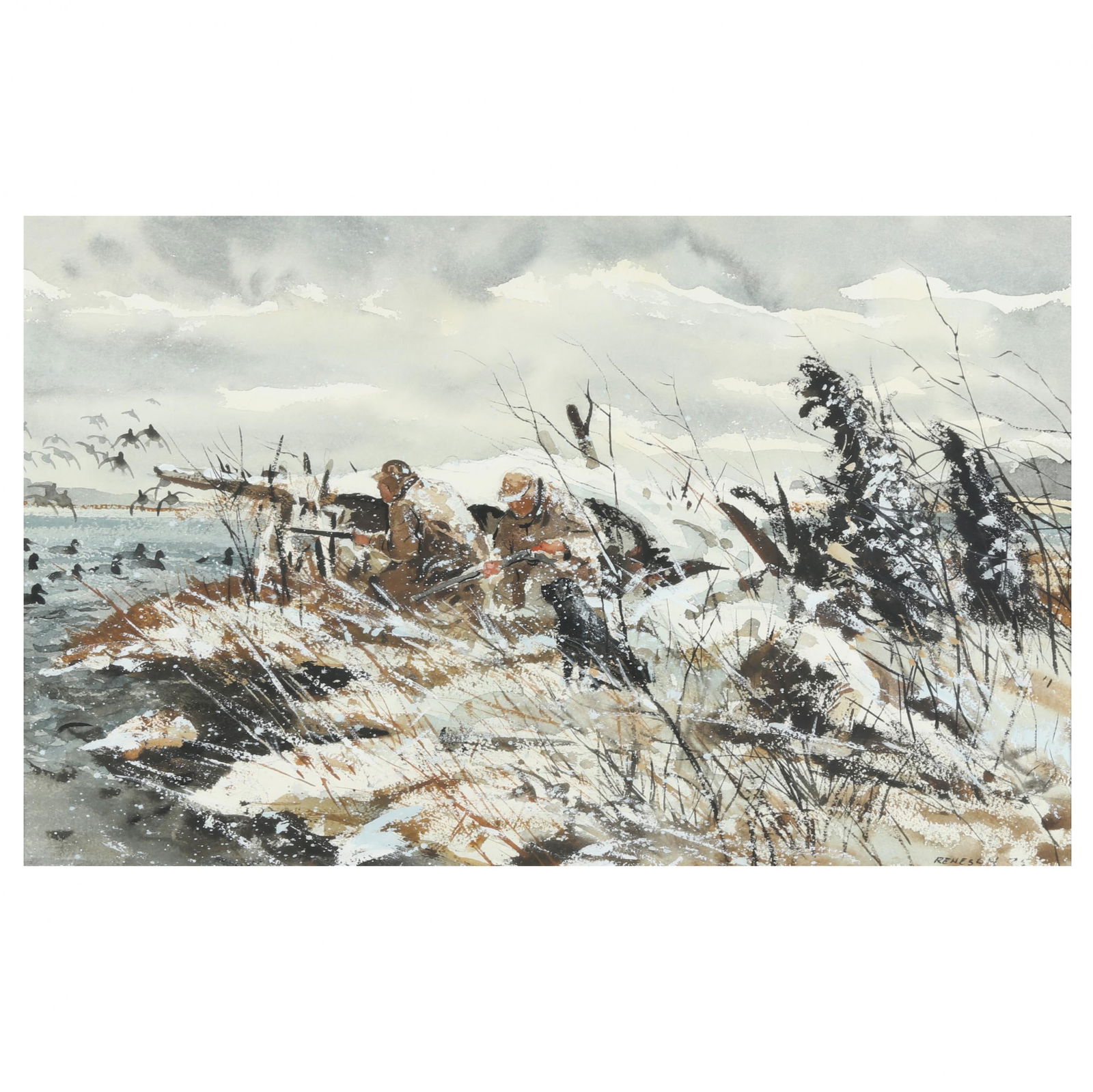 Chet Reneson (American, b. 1934), December Duck Hunting: Chet Reneson (American, b. 1934), December Duck Huntingwatercolor and whitening on paper, 1975, signed and dated at lower right, retaining Abercrombie & Fitch label to the verso, matted and framed und