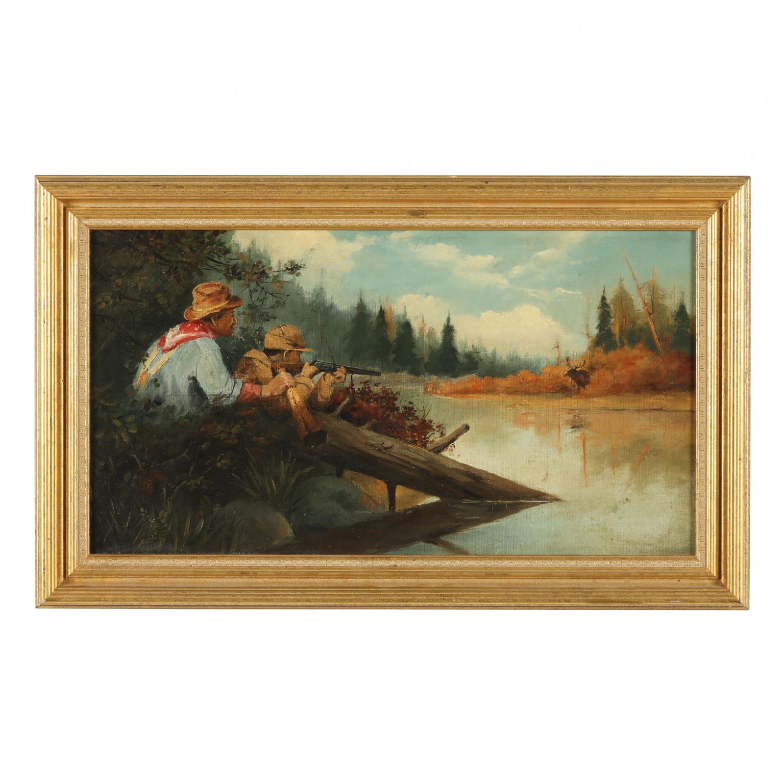 American School (circa 1900), The Moose Hunt: American School (circa 1900), The Moose Huntoil on canvas laid on Masonite, unsigned, presented in a later gilt frame. Board 10 x 17 3/4 in.; Frame dimensions 12 1/2 x 20 1/2 in. Additional high-reso