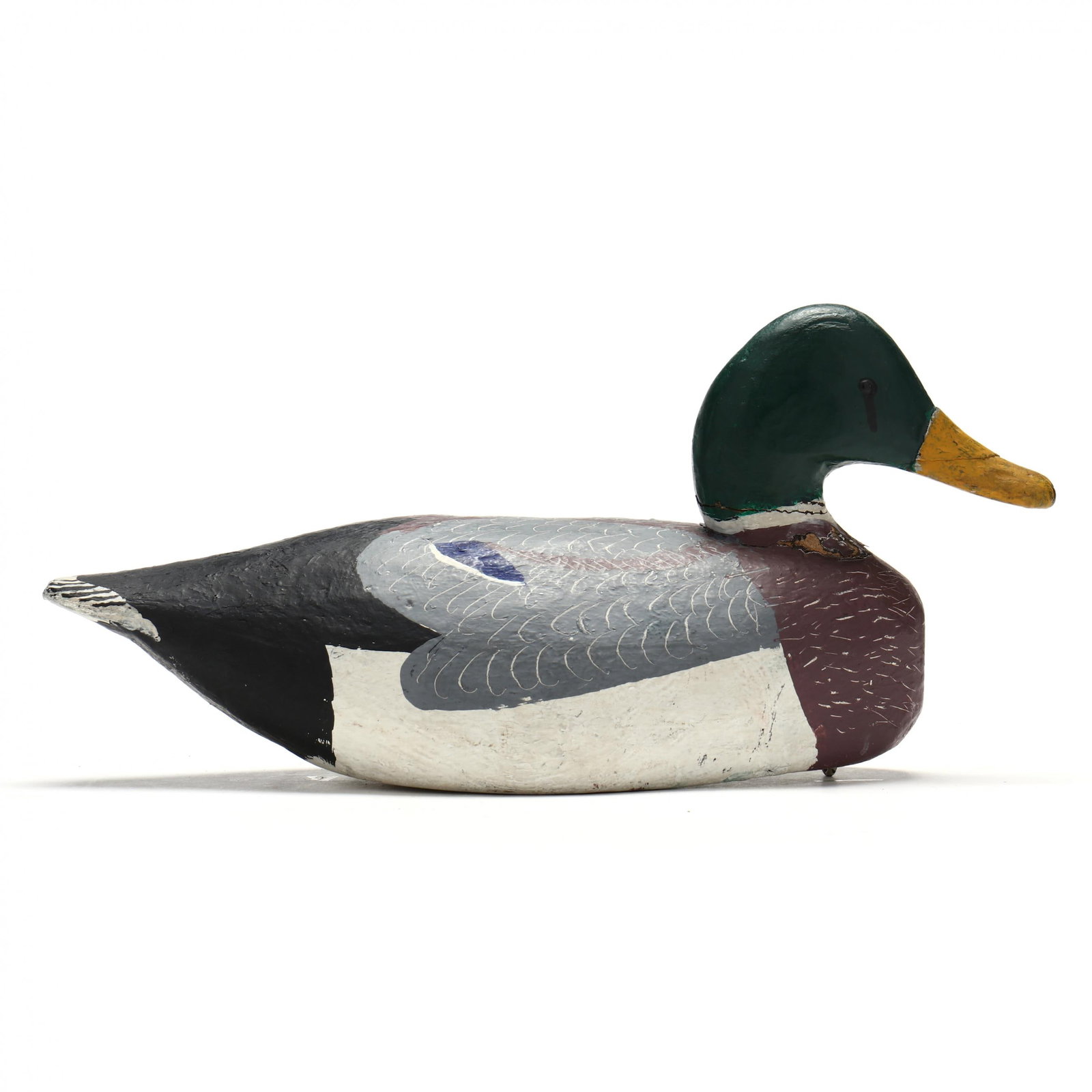Miles Hancock (VA, 1887-1974), Mallard: Miles Hancock (VA, 1887-1974), Mallard Chincoteague, Virginia, circa 1940s, carved and painted wood, tack eyes, signed in marker MILES HANCOCK / CHINCOTEAGUE VA / 1947. Length 16.5 in. From the Collec