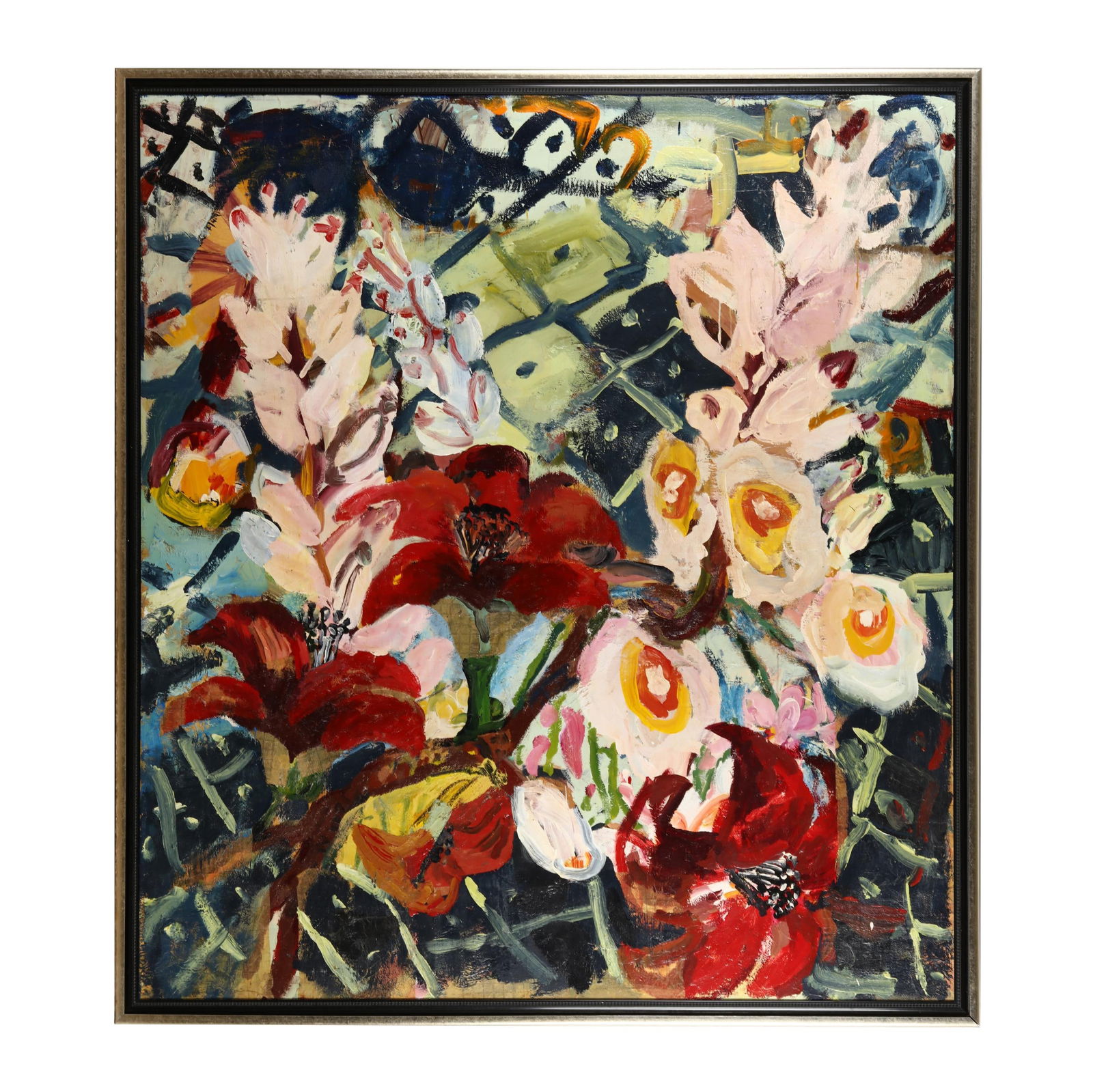 Roberto Juarez (American, b. 1952), Cellular Arrangement: Roberto Juarez (American, b. 1952), Cellular Arrangementacrylic on canvas, 1985, signed and inscribed by the artist on the verso, presented in a later silvered frame within an ebonized ripple molded l