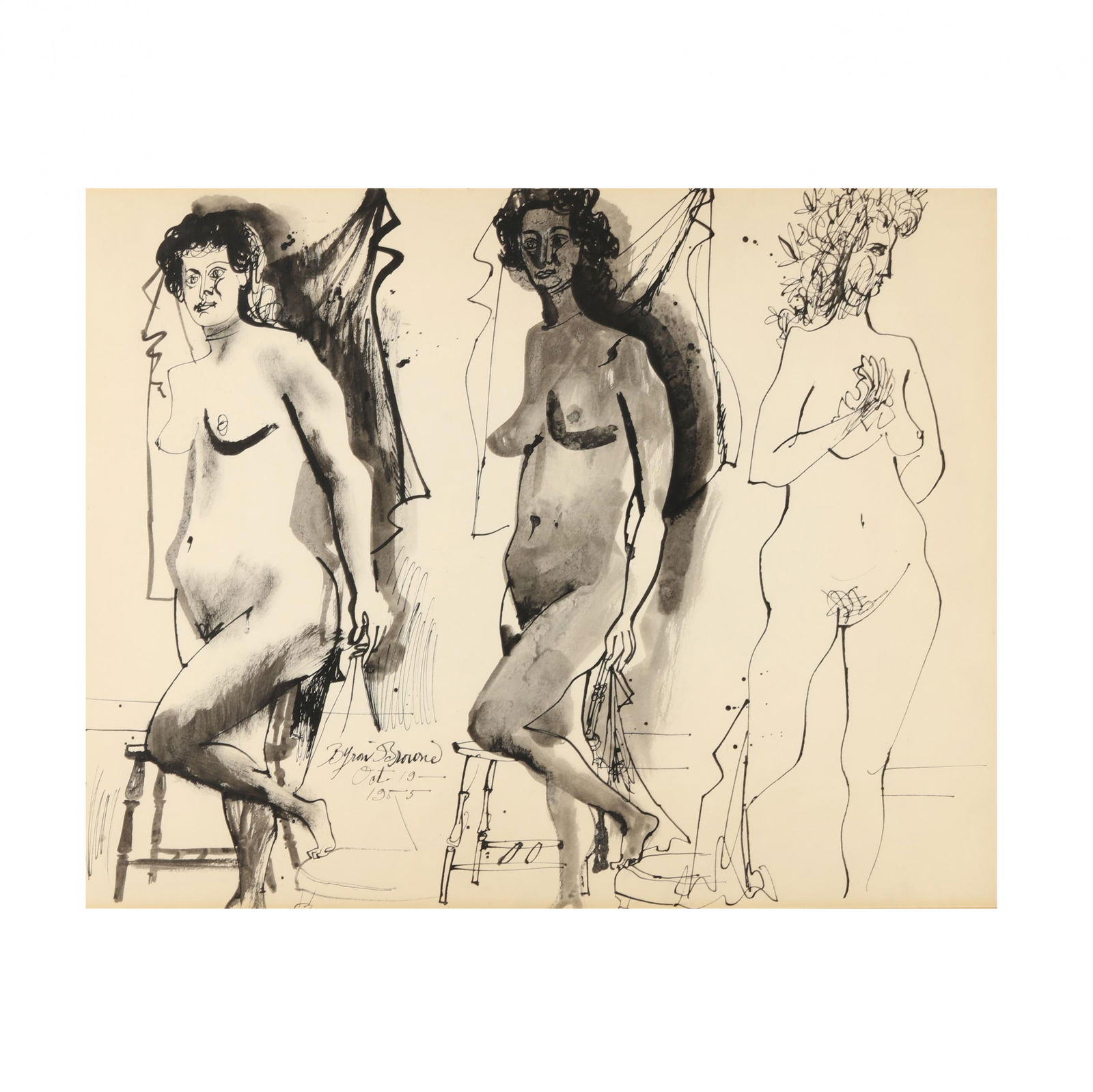 Byron Browne (American, 1907-1961), Three Nude Figures: Byron Browne (American, 1907-1961), Three Nude Figuresink and ink wash on paper, 1955, signed at lower left, matted and framed under glass. Frame dimensions 27 3/8 x 33 in. New York-born artist Byron