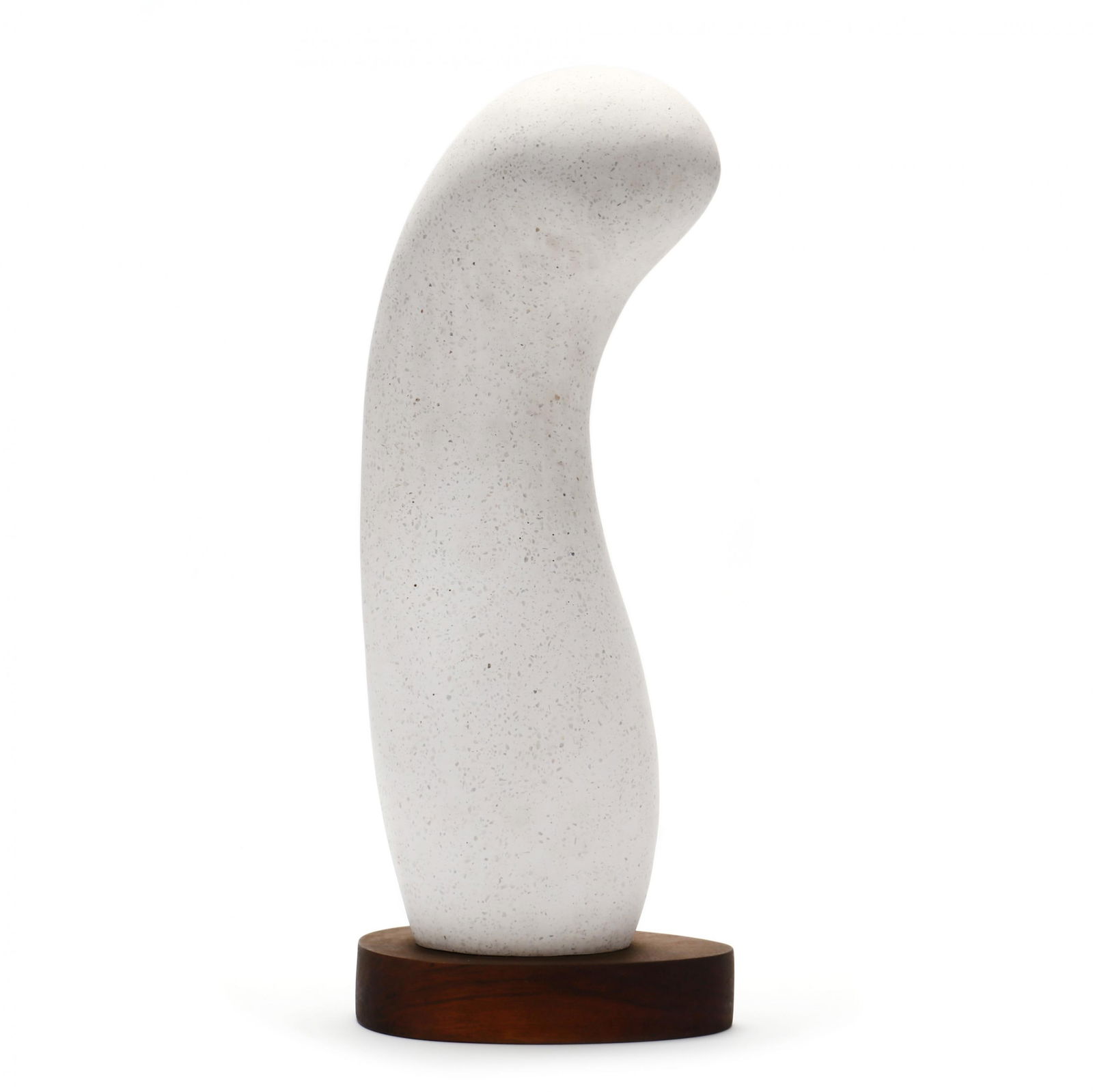 Biomorphic Abstract Terrazzo Sculpture: Biomorphic Abstract Terrazzo Sculpturecirca 1975, carved terrazzo, amorphous soft edge figure in the style of Jean Arp, mounted atop a conforming wood base, unsigned. 21 x 8 x 5 1/2 in. Additional hi