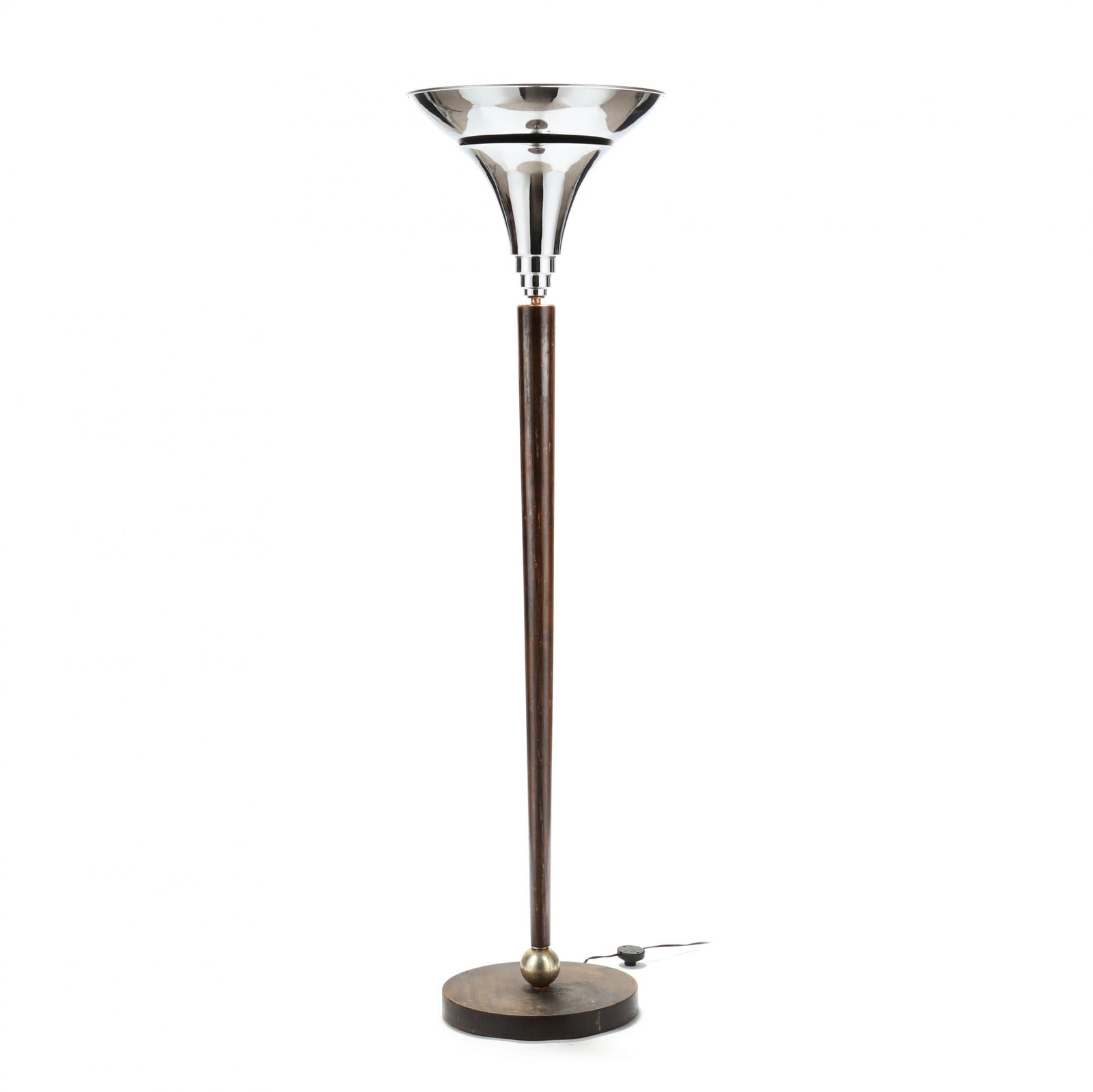 Art Deco Chrome and Wood Floor Lamp: Art Deco Chrome and Wood Floor Lamp1930s, manner of Georges Halais, tall torchiere form with stepped funnel form chrome and enamel shade, tapering cylindrical wood column over a silvered sphere and ro