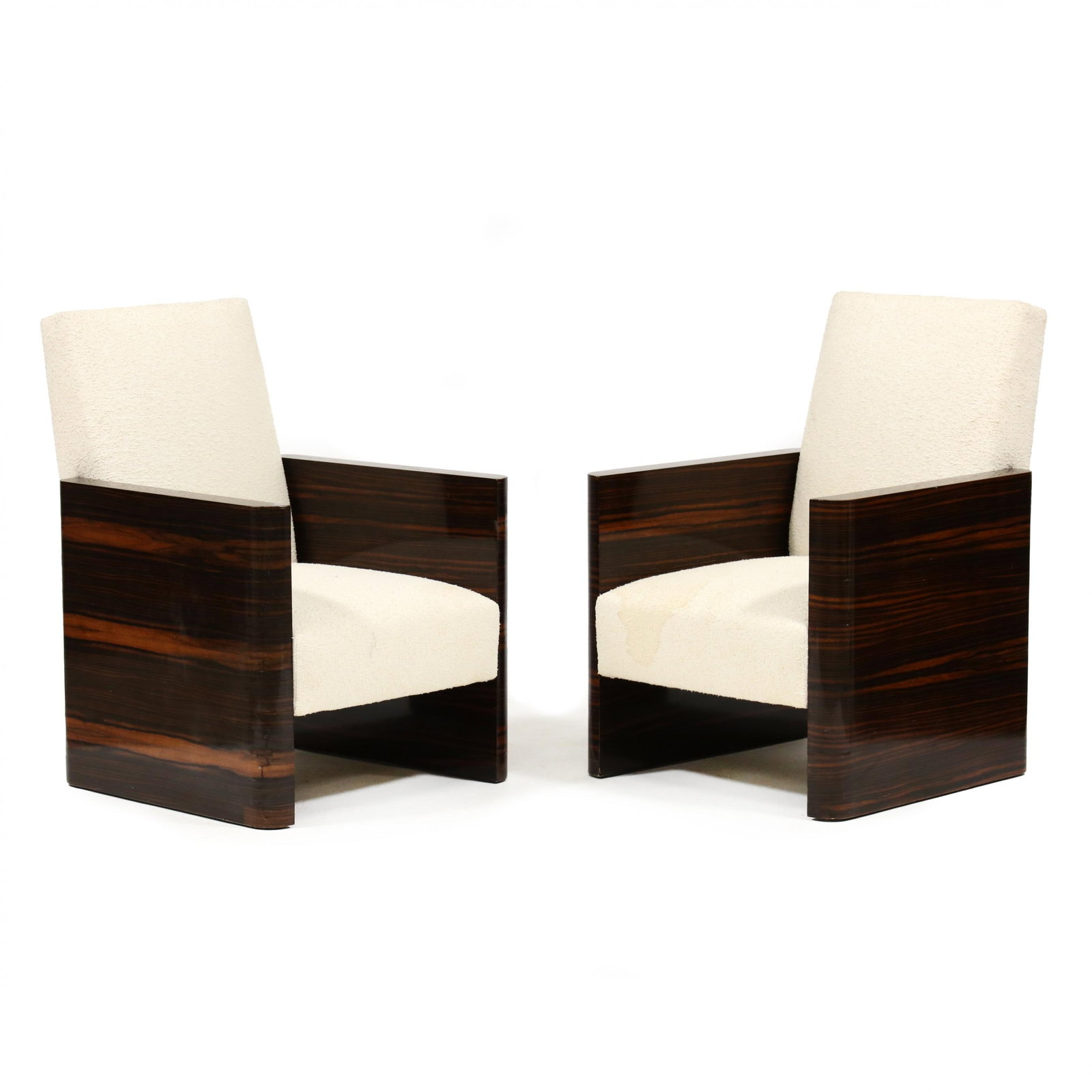 Pair of Art Deco Macassar Club Chairs: Pair of Art Deco Macassar Club Chairs1930s, manner of Michel Dufet, white boucle upholstery, high grade contrasting wood veneer in high gloss finish, flush base, unmarked. 37 x 26.5 x 29 in. From the