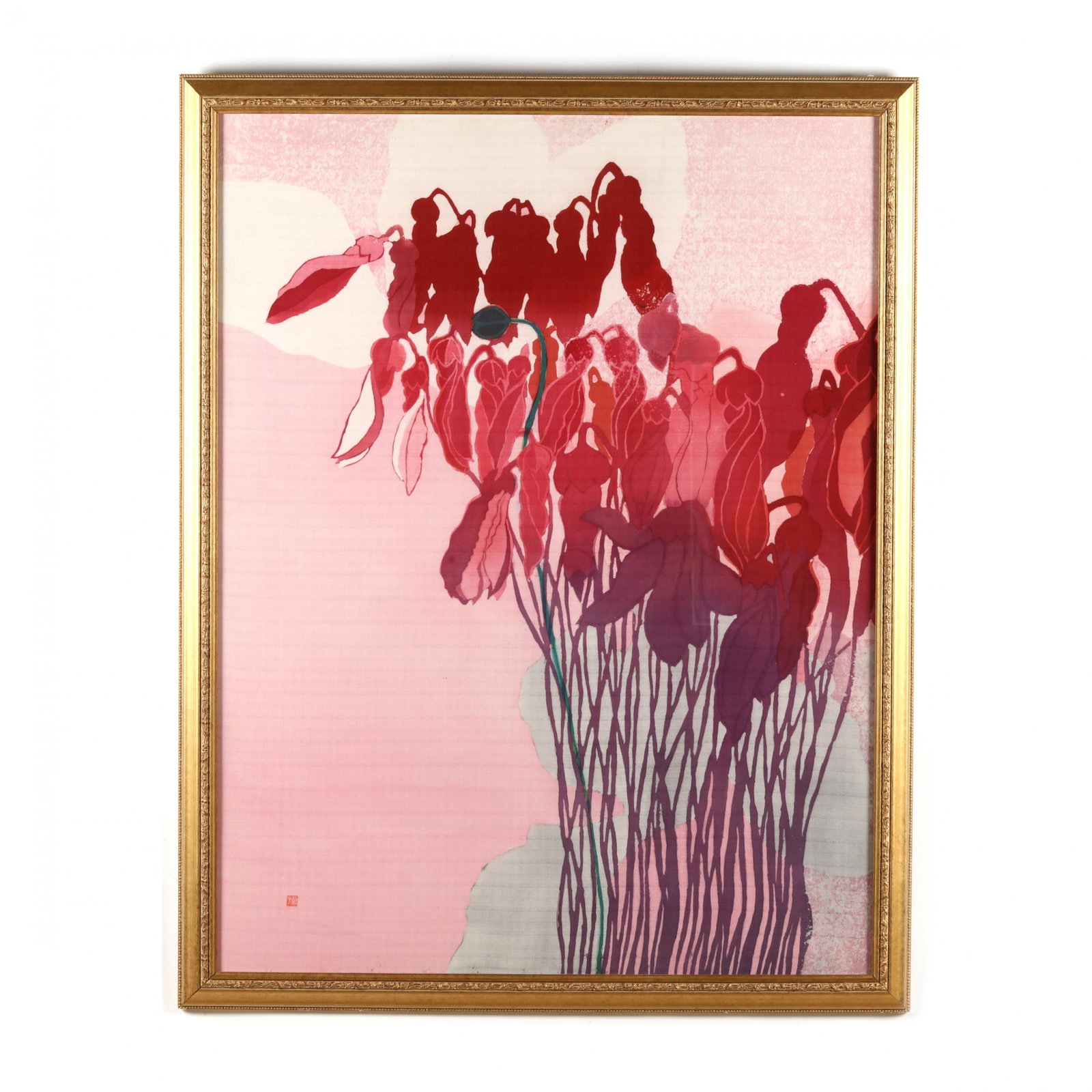 Masako Mito (Japanese), Large Painting of Flowers on Fabric: Masako Mito (Japanese), Large Painting of Flowers on Fabric circa 1970s, ink and pigment dye on fabric, tall stemmed flowers with their flowers blossoms elegantly bending in shades of pink, red, and p
