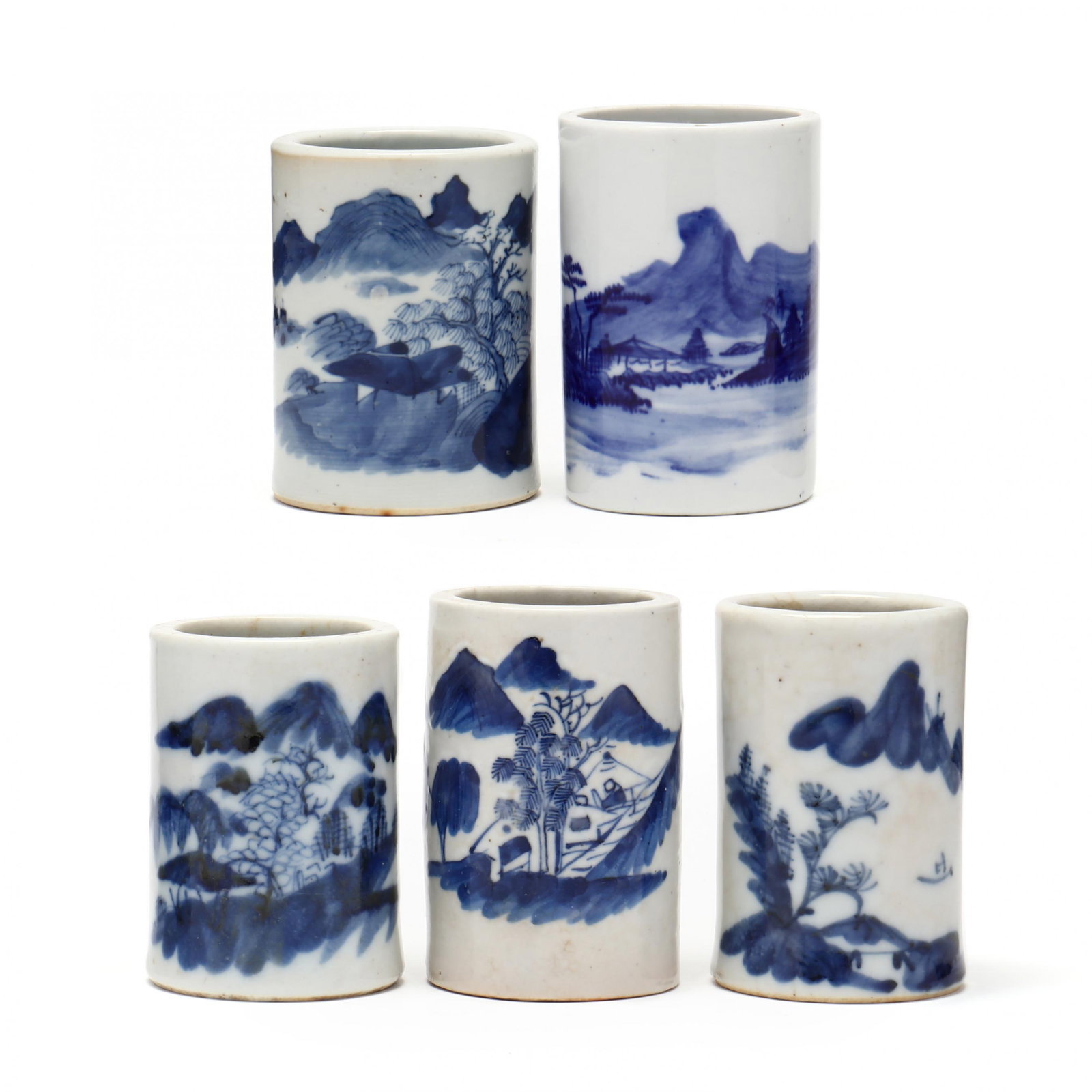 A Group of Chinese Blue and White Porcelain Brush Pots with Landscapes: A Group of Chinese Blue and White Porcelain Brush Pots with Landscapes 19th or 20th century, hand painted in underglaze blue with riverside landscapes, looming rounded mountains, and various types of 