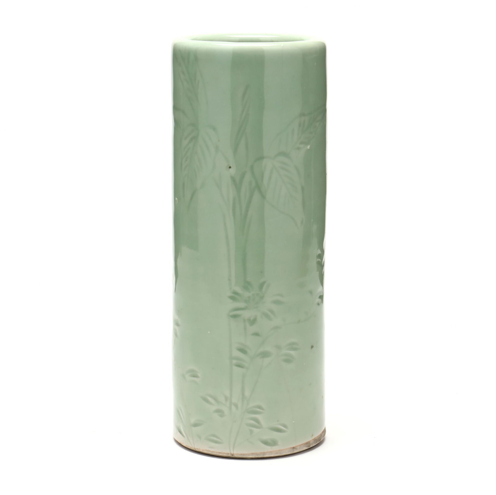 A Chinese Celadon Glazed Porcelain Cylinder Vase: A Chinese Celadon Glazed Porcelain Cylinder Vase20th century, incised foliate decoration, not marked. 15 x 4 1/2 in. Additional high-resolution photos are available at www.lelandlittle.com