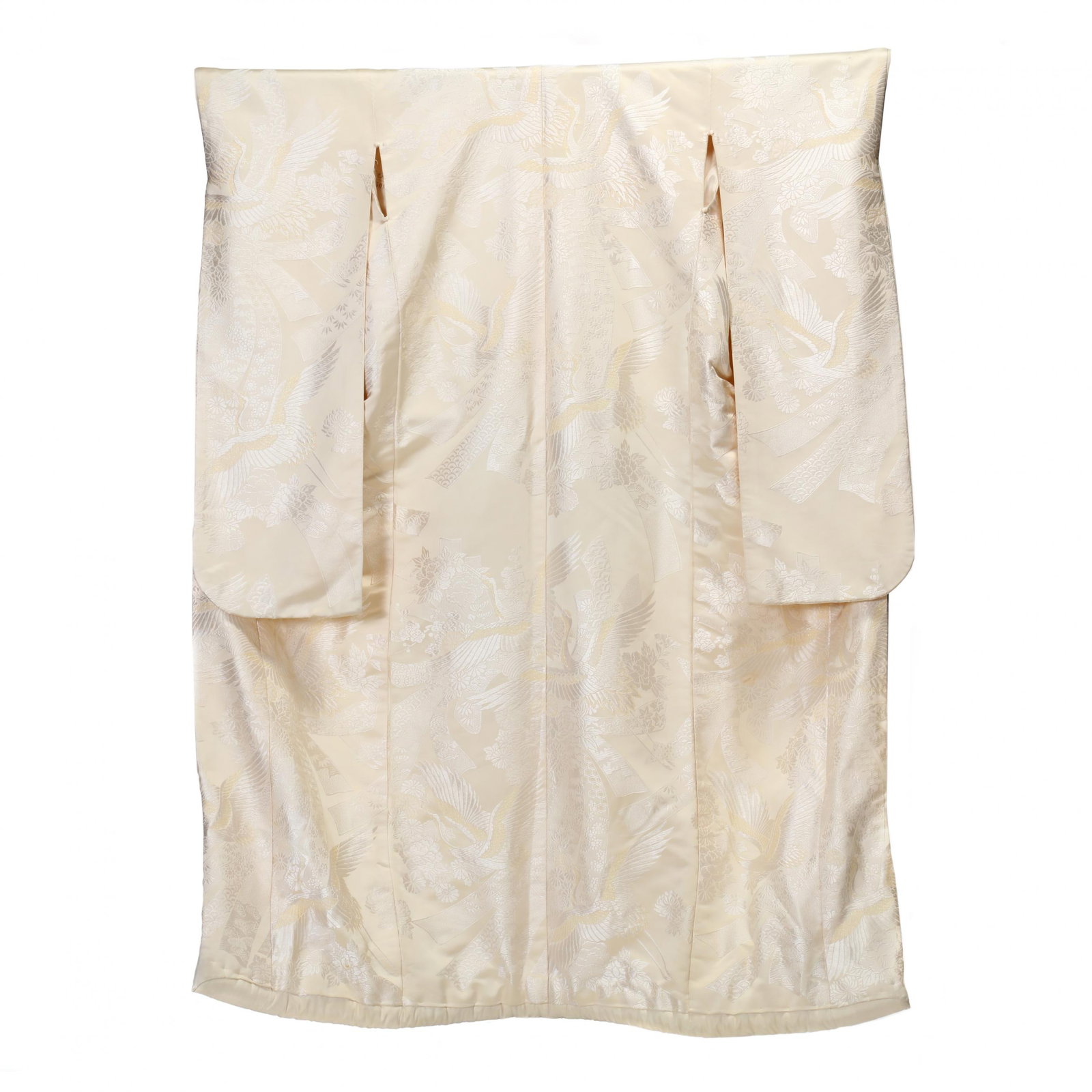 A Japanese Uchikake White Silk Wedding Kimono and Stand: A Japanese Uchikake White Silk Wedding Kimono and Stand includes a white silk wedding uchikake kimono with white lining, applied white glitter adds sparkle to the embroidered silk cranes flying amidst