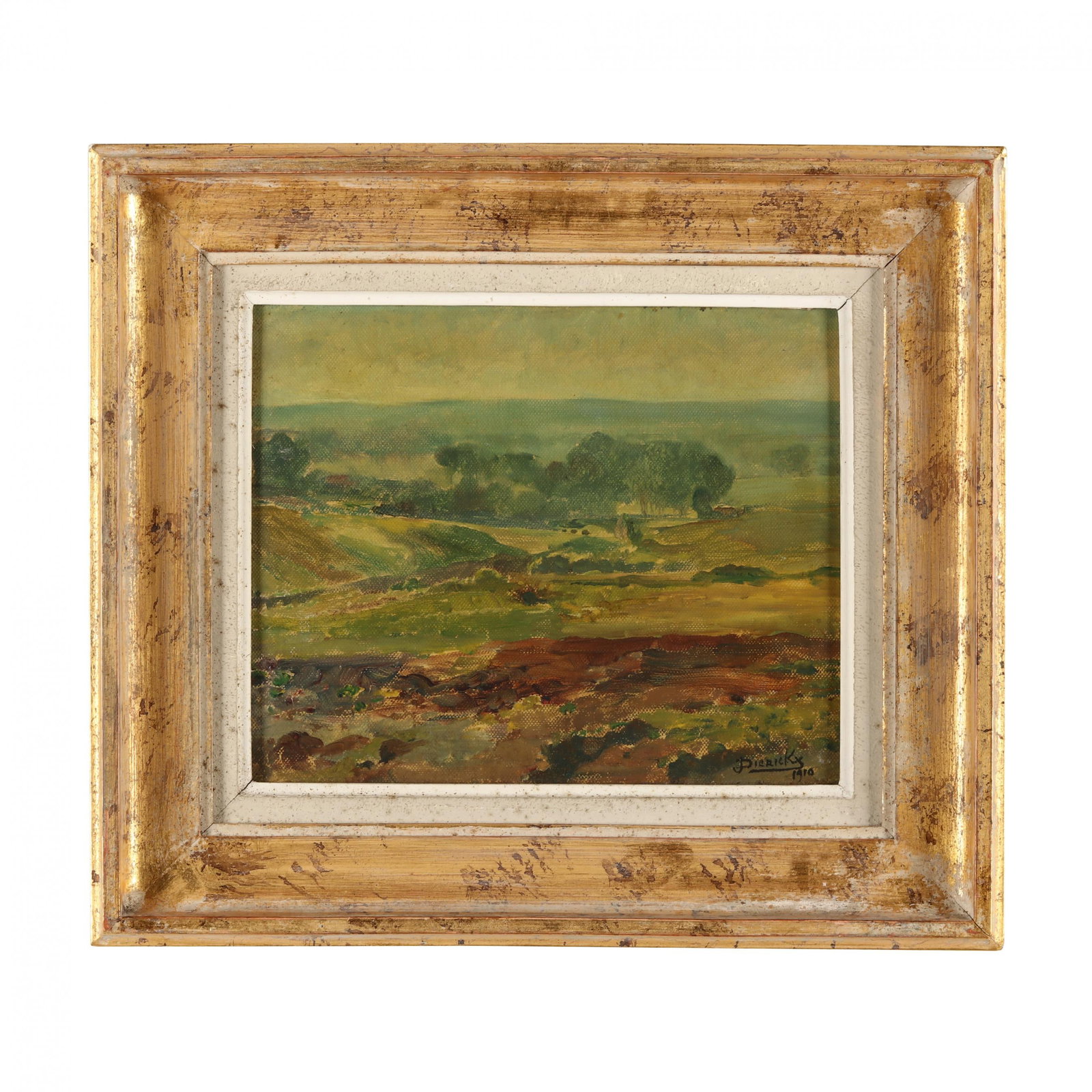 Joseph Dierickx (Belgian, 1865-1959), Rural Landscape: Joseph Dierickx (Belgian, 1865-1959), Rural Landscape oil on artistboard, 1910, signed and dated at lower right, retaining antique labels en vero, presented in a later giltwood frame. Board 9 x 10 1/2