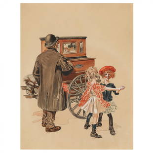 Manner of J. C. Leyendecker (American, 1874-1951), Hurdy-Gurdy Man: Manner of J. C. Leyendecker (American, 1874-1951), Hurdy-Gurdy Manink, watercolor and whitening on illustration board, unsigned, with later framing. Board 14 1/8 x 11 in.; Frame dimensions 19 x 17 in.