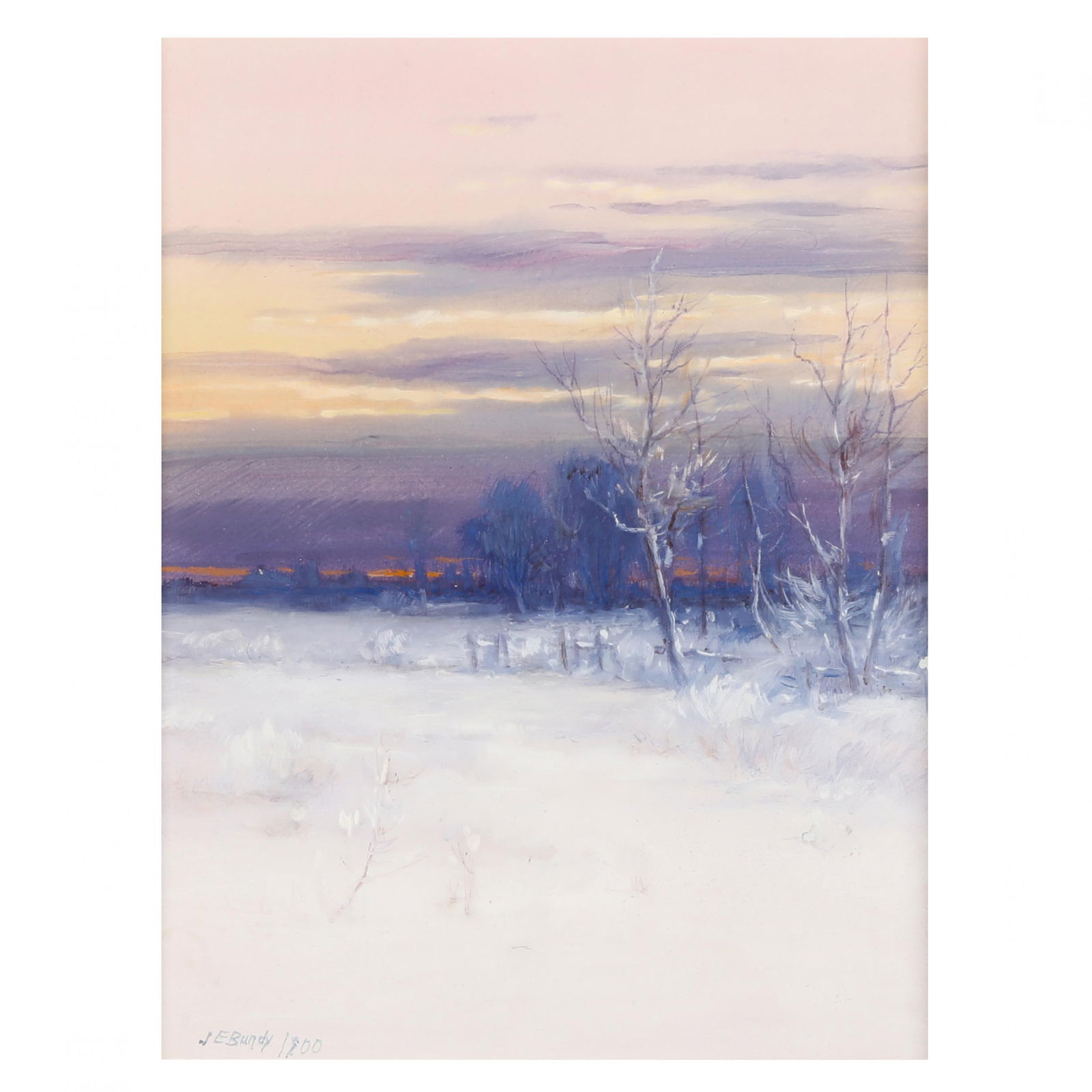 John Elwood Bundy (American, 1853-1933), Winter Landscape: John Elwood Bundy (American, 1853-1933), Winter Landscapeoil on paper, 1900, signed and dated at lower left, matted and framed under UV filtering glass. Sight size 8 3/4 x 6 1/2 in.; Frame dimensions