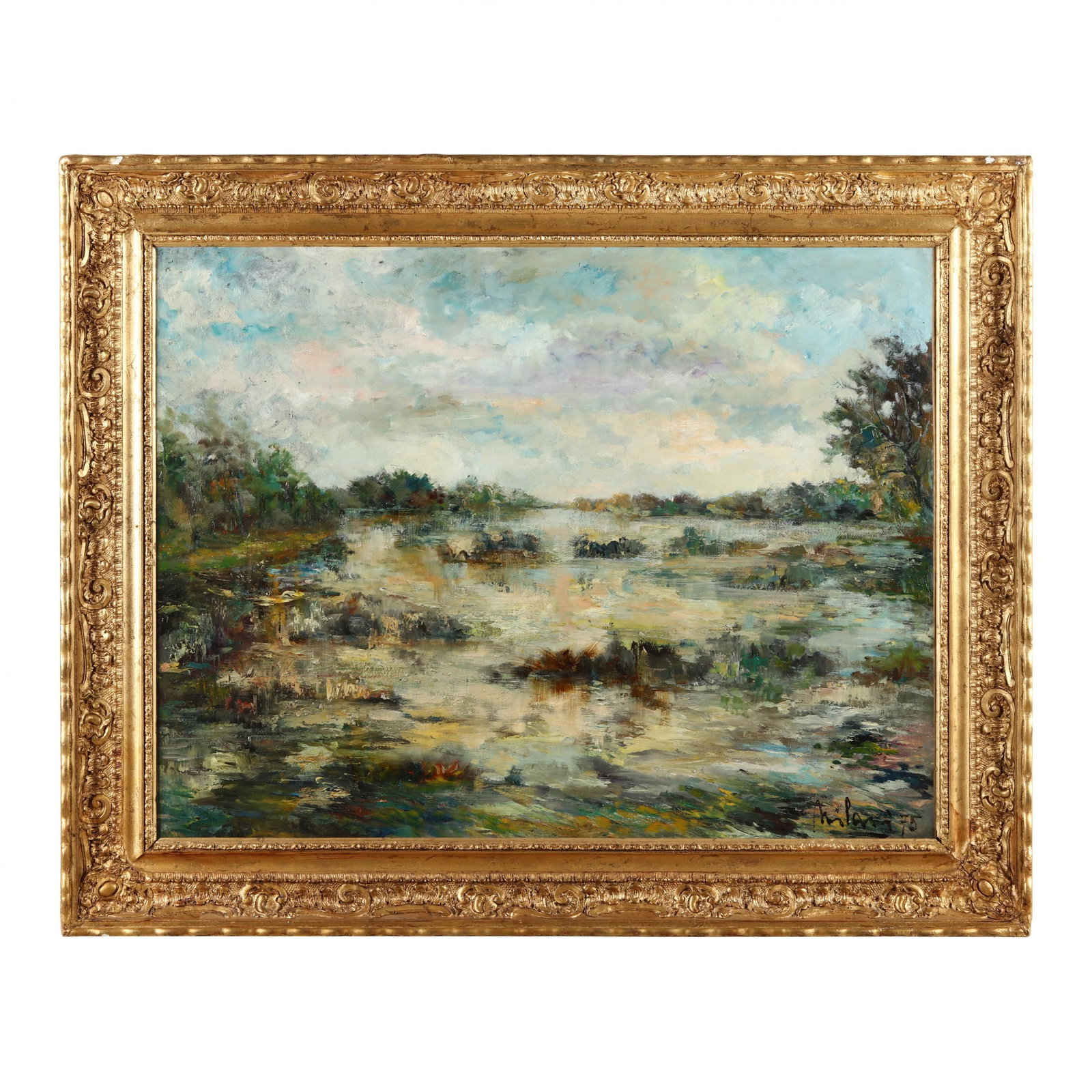 Gino Milani (Italian, b. 1921), Le Lac Majeur: Gino Milani (Italian, b. 1921), Le Lac Majeur (Lake Maggiore) oil on canvas, 1975, signed and dated at lower right, inscribed to verso, presented in an ornate gilt composition frame. Stretcher size 28