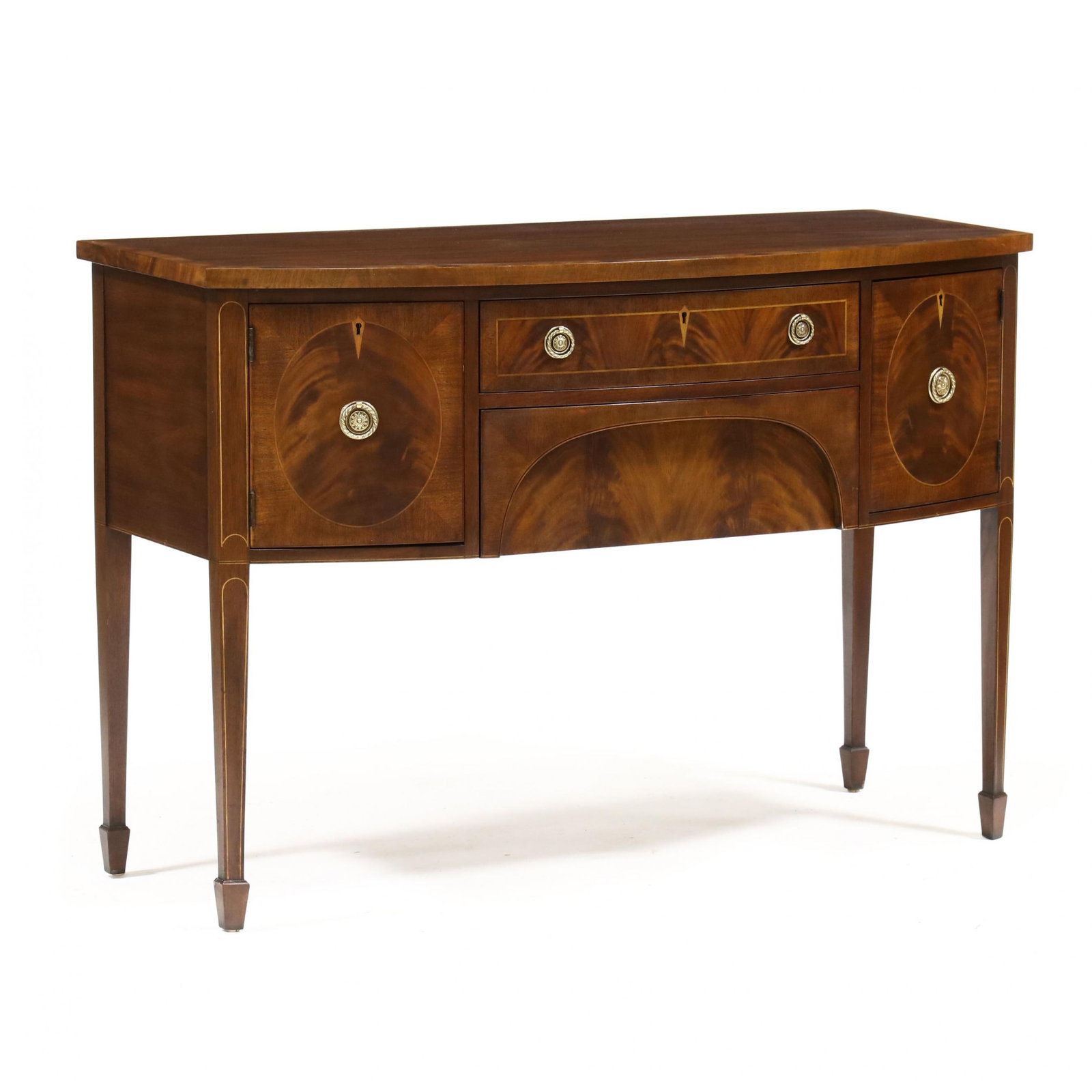 Henkel Harris, Federal Style Inlaid Mahogany Sideboard: Henkel Harris, Federal Style Inlaid Mahogany Sideboard late 20th century, mahogany veneer, bow-front form with banded inlay, upper conforming drawer with banded inlays over a recessed panel drawer fla