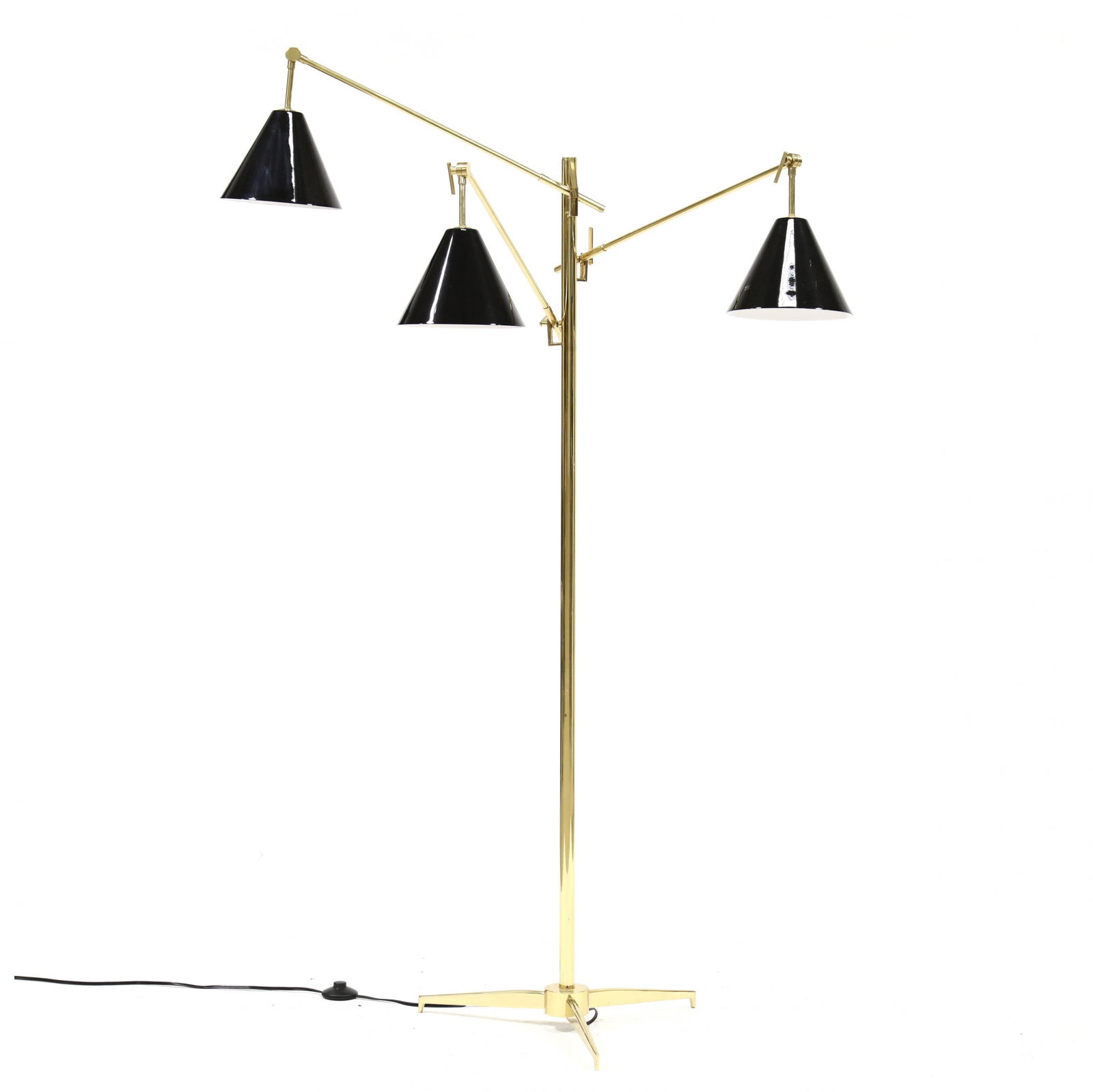 after Angelo Lelli, Triennale Style Floor Lamp: after Angelo Lelli, Triennale Style Floor Lampcontemporary, three black high gloss painted metal shades with adjustable angle arms, tripod base, underside labeled delightful.eu 63 x 30 x 40 in. Addit