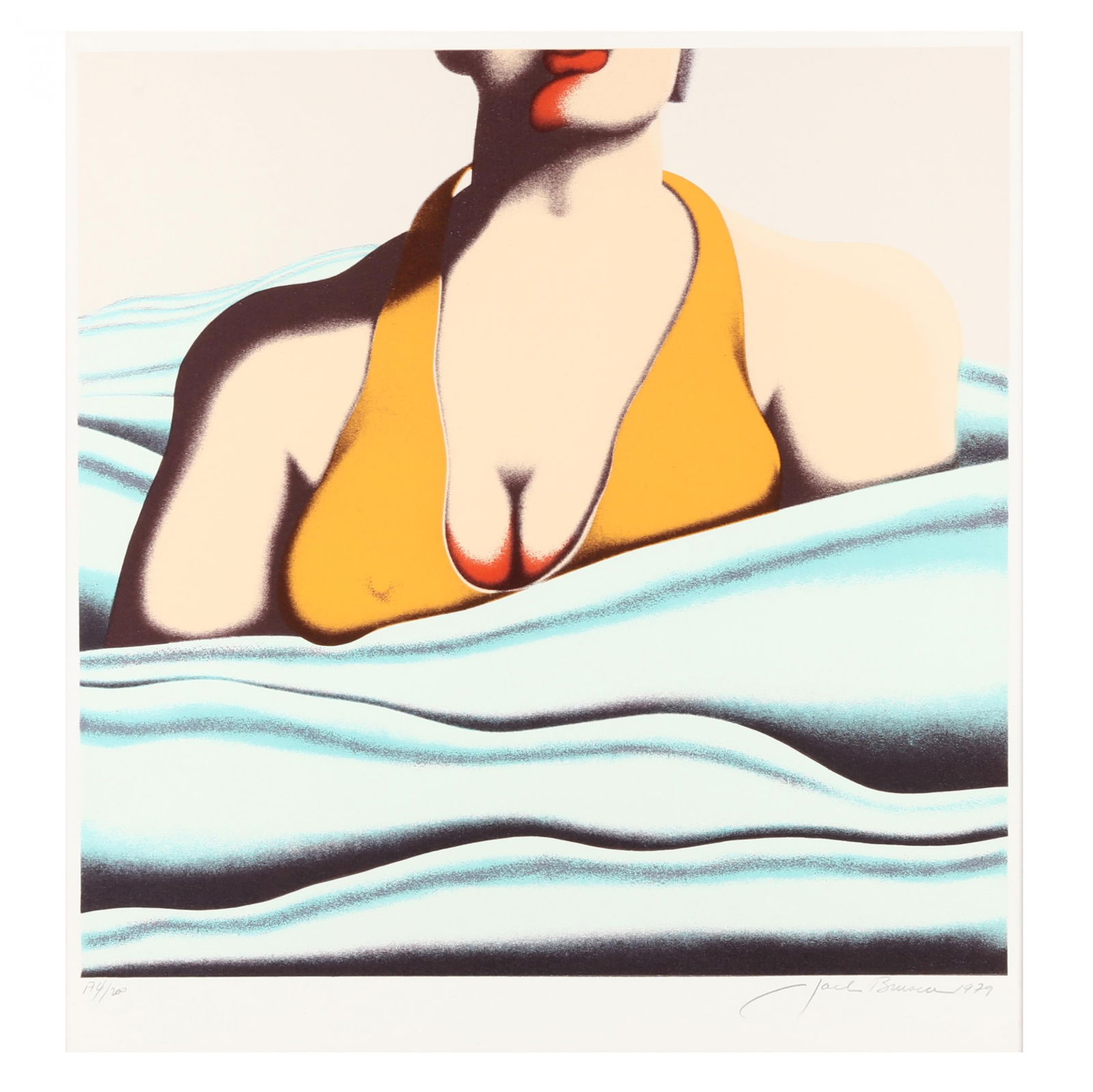 Jack Brusca (American, 1939-1993), The Beach: Jack Brusca (American, 1939-1993), The Beachsilkscreen print in colors, 1979, pencil signed, dated, and numbered 174/200 at lower right, matted and framed. Frame dimensions 37 1/4 x 35 1/2 in. Additi