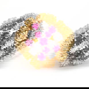 Gold, Platinum, Ruby, and Diamond Ring, McTeigue & Co.: Gold, Platinum, Ruby, and Diamond Ring, McTeigue & Co.designed in a floral motif with a center cluster of round cut rubies and full cut round diamonds weighing approximately .40 total carat (H-I color