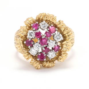 Gold, Platinum, Ruby, and Diamond Ring, McTeigue & Co.: Gold, Platinum, Ruby, and Diamond Ring, McTeigue & Co.designed in a floral motif with a center cluster of round cut rubies and full cut round diamonds weighing approximately .40 total carat (H-I color