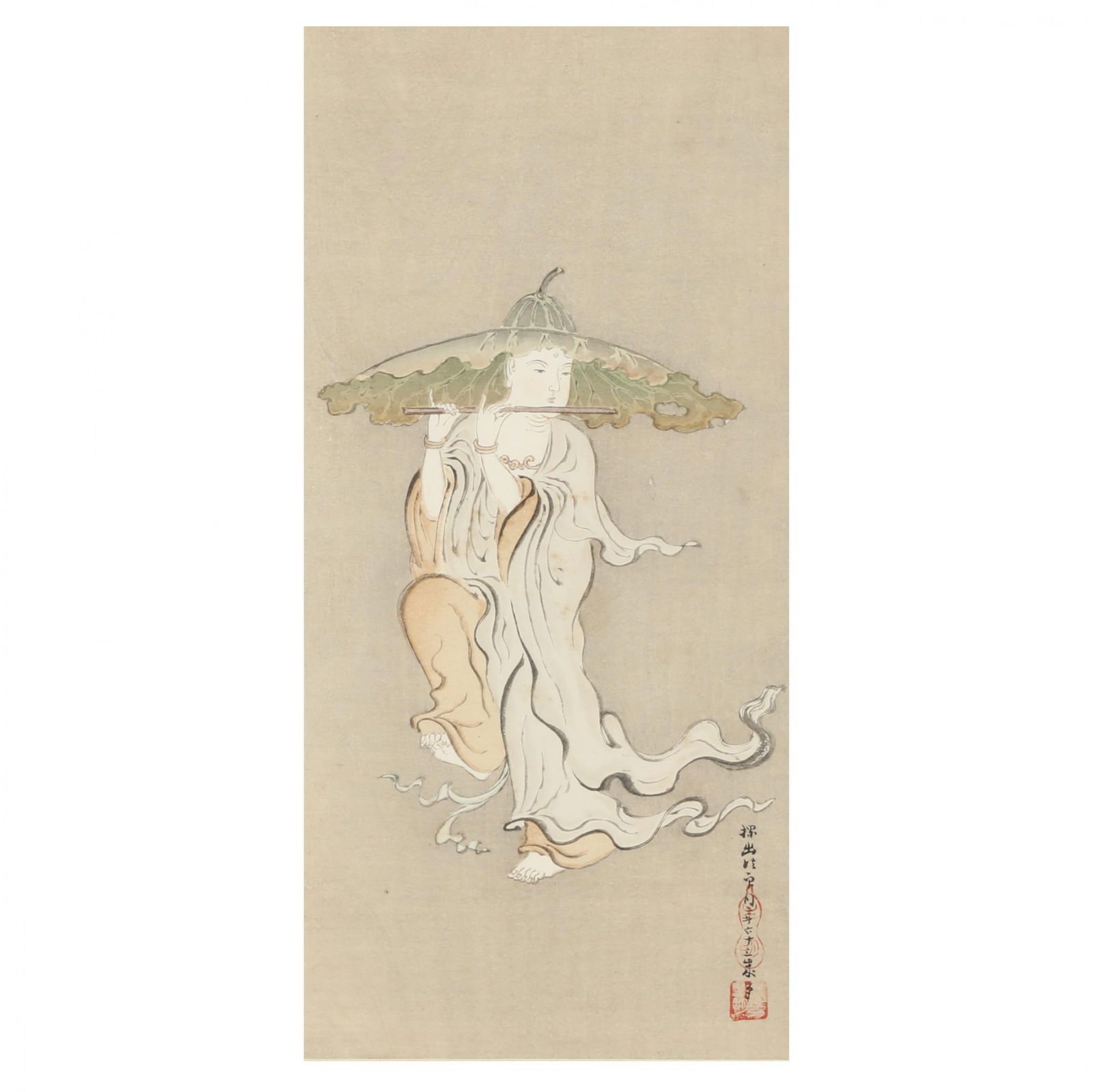 After Kano Tan'yu, A Print of Jizo Bosatsu Playing a Flute: After Kano Tan'yu, A Print of Jizo Bosatsu Playing a Flutea print based on the 17th century painting of Jiz? Bosatsu Playing a Flute by Kano Tan'yu, professionally framed under glass, not examined out