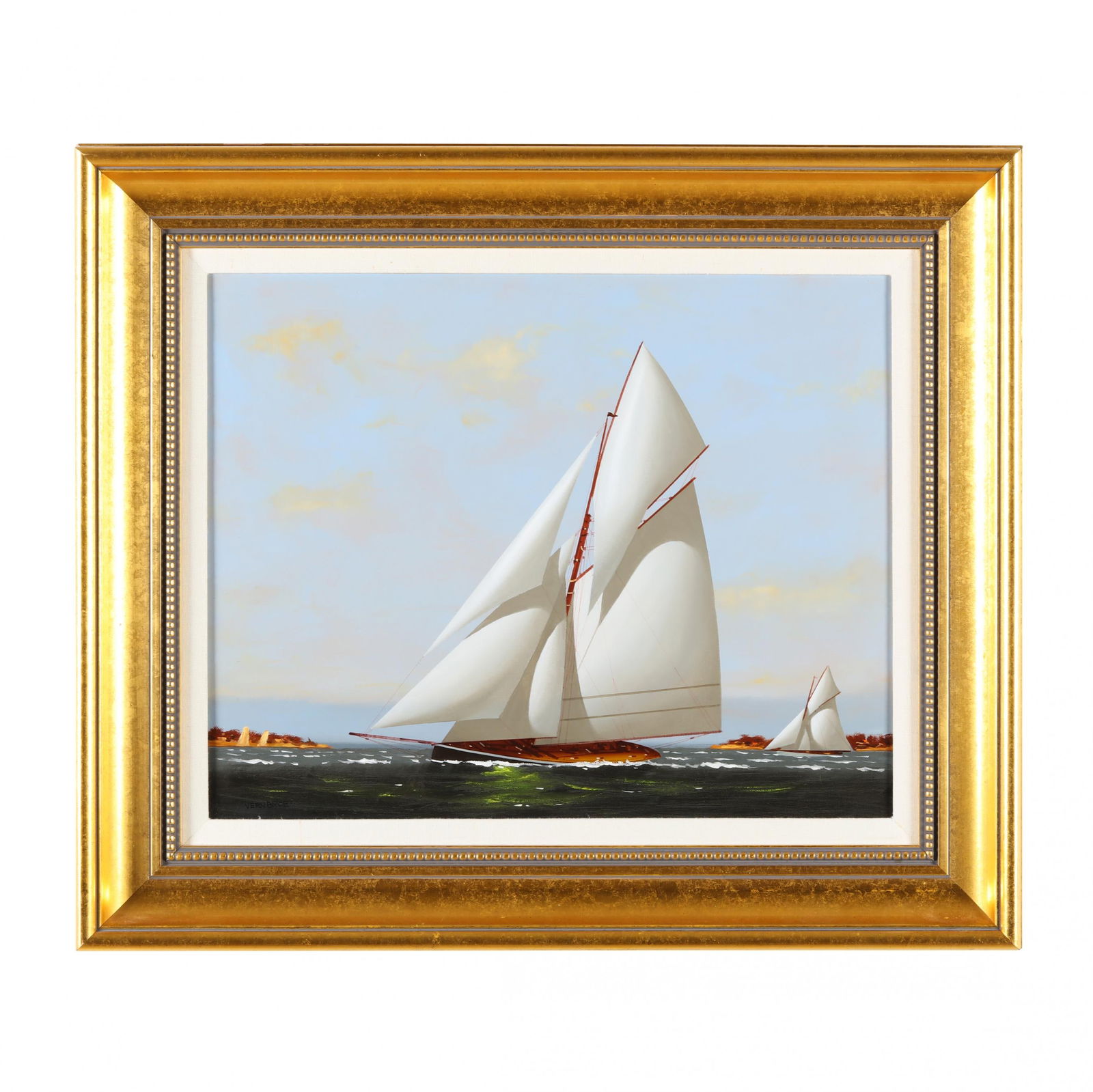 Vernon Broe (American, 1930-2011), Schooner at Sea: Vernon Broe (American, 1930-2011), Schooner at Seaoil on board, signed at lower left, presented in a molded giltwood frame with a linen liner. Board 16 x 20 in. Board 23 x 27 in. Vernon Broe is one of