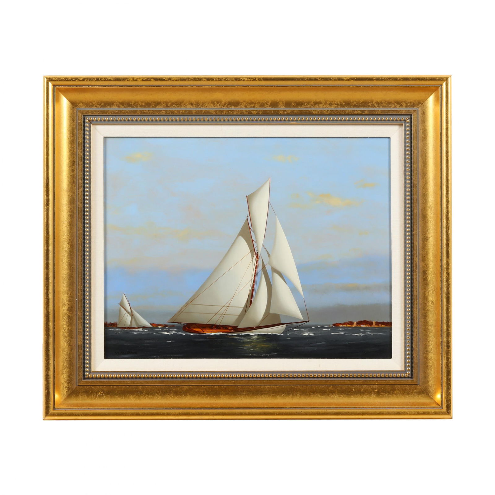 Vernon Broe (American, 1930-2011), Yacht Sailing: Vernon Broe (American, 1930-2011), Yacht Sailingoil on board, signed at lower left, presented in a molded gilt frame with linen liner. Stretcher size 14 x 18 in. Frame dimensions 20 3/4 x 24 3/4 in. V