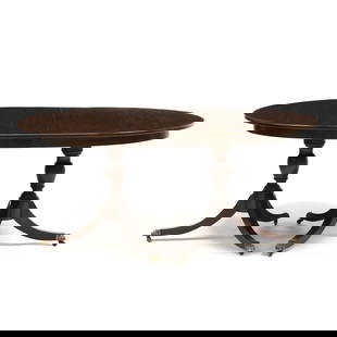 Henkel Harris, Double Pedestal Inlaid Mahogany Dining Table: Henkel Harris, Double Pedestal Inlaid Mahogany Dining Tablelate 20th century, oval top with dark line and banded inlay, rounded edge, with three leaves, baluster pedestals, tripod base with line inlai