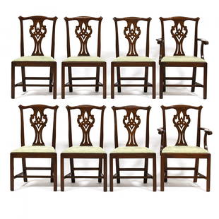 Henkel Harris, Set of Eight Chippendale Style Mahogany Dining Chairs: Henkel Harris, Set of Eight Chippendale Style Mahogany Dining Chairssecond half 20th century, including two armchairs and six side chairs, shaped crest rail, pierced back splats, green damask upholste