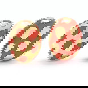Gold and Coral Earrings, Angela Cummings for Tiffany & Co.: Gold and Coral Earrings, Angela Cummings for Tiffany & Co. in the Positive Negative motif, of oval form with one having coral ground inlaid with freeform gold accents and the other with gold ground wi