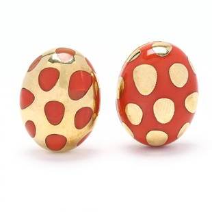 Gold and Coral Earrings, Angela Cummings for Tiffany & Co.: Gold and Coral Earrings, Angela Cummings for Tiffany & Co. in the Positive Negative motif, of oval form with one having coral ground inlaid with freeform gold accents and the other with gold ground