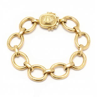 Gold Link Bracelet with Bee Motif Clasp, Elizabeth Locke: Gold Link Bracelet with Bee Motif Clasp, Elizabeth Locke bracelet comprised of hand hammered oval gold links joined with rounded bar links and completed with a cushion shape "Fat Bee" motif clasp,