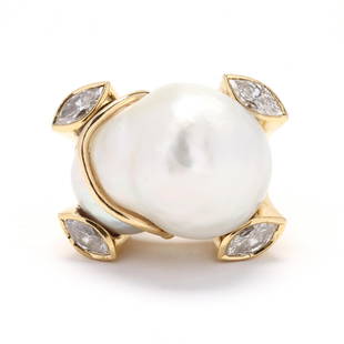 Gold, Pearl, and Diamond Ring, Andrew Clunn: Gold, Pearl, and Diamond Ring, Andrew Clunn ring set with a baroque pearl (24.86 x 18.92 mm) with gold wire overlay accenting and with four marquise cut diamonds weighing approximately 1.88 total