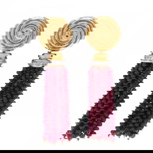 Convertible Gold Earrings with Five Gemstone Tassel Drops and a Gold Tassel Drop, Andrew Clunn: Convertible Gold Earrings with Five Gemstone Tassel Drops and a Gold Tassel Drop, Andrew Clunnearrings designed in a circular spiral motif with hand hammered detailing and completed with posts and ome