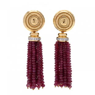 Convertible Gold Earrings with Five Gemstone Tassel Drops and a Gold Tassel Drop, Andrew Clunn: Convertible Gold Earrings with Five Gemstone Tassel Drops and a Gold Tassel Drop, Andrew Clunn earrings designed in a circular spiral motif with hand hammered detailing and completed with posts and