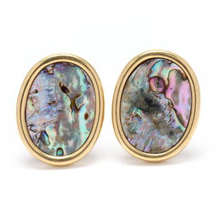 Gold and Abalone Earrings, Andrew Clunn: Gold and Abalone Earrings, Andrew Clunn of bold oval form set with abalone shell within a conforming gold frame, completed with posts and omega clip backs, stamped 18K and signed. 1 3/8 x 1 1/8 in.