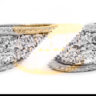 Bi-Color Gold and Diamond Band, Mario Buccellati: Bi-Color Gold and Diamond Band, Mario Buccellati the tapered wide band with yellow gold rope twist edge, the center with reticulated white gold design and set with full cut round diamond melee weighin