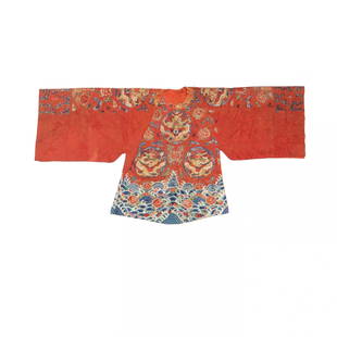 A Chinese Red Silk Wedding Robe ( Mang ao ) with Dragons: A Chinese Red Silk Wedding Robe (Mang ao) with DragonsQing dynasty (1644-1912), 19th century, a woven pattern red silk ground robe embroidered with ten dragons in gold wrapped threads within roundels,