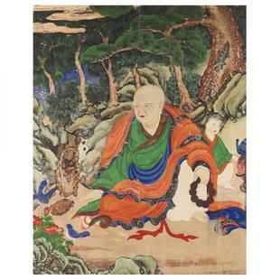 A Korean Portrait of Dokseong: A Korean Portrait of Dokseong Joseon dynasty (1392-1910), 19th century, opaque mineral pigments and ink on silk, Dokseong is painted in accordance with his traditional iconography, an older man with s