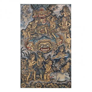 Ida Bagus Made Nadera (Indonesian, 1910-1998), The Birth of Sang Bhoma: Ida Bagus Made Nadera (Indonesian, 1910-1998), The Birth of Sang Bhomaoil on fabric, an impressive large composition depicting the Balinese mythology story of the birth of Bhoma in lavish detail, sign