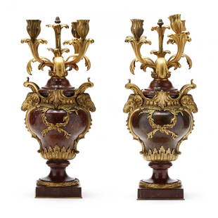 Palatial Pair of Louis XV Ormolu-Mounted Marble Four-Light Candelabra: Palatial Pair of Louis XV Ormolu-Mounted Marble Four-Light Candelabraearly 20th century, attributed to Henri Vian (French, 1860-1905), deep crimson ovoid marble urns, decorated with finely cast dore b