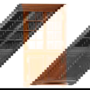 Southern Federal Inlaid Cherry Corner Cupboard: Southern Federal Inlaid Cherry Corner Cupboardattributed to the Shenandoah Valley region, late 18th century, one part form, yellow pine secondary, applied stepped cornice with cove and dentil molding,