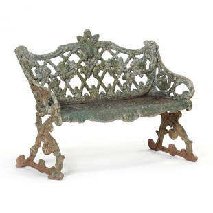 Antique Charleston Cast Iron Garden Bench, John B. Riley: Antique Charleston Cast Iron Garden Bench, John B. Riley19th century, green painted cast iron with a pierced diamond pattern back with foliate motifs, pierced seat marked to rear edge "John B. Riley I