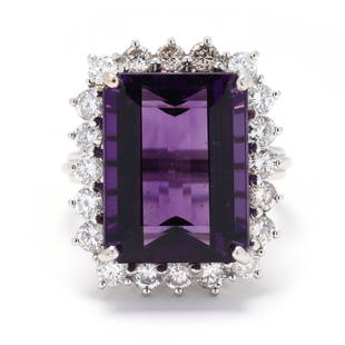 Platinum, Amethyst, and Diamond Ring: Platinum, Amethyst, and Diamond Ring the emerald cut amethyst (17.7 x 13.52 x 9.44 mm) weighing approximately 16.0 carats prong set within a halo with full cut round diamonds weighing approximately